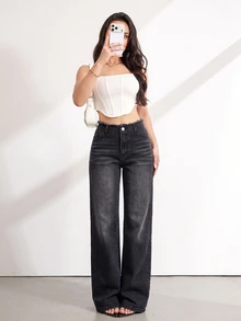 SHEIN Tall 女款腰部拼接毛邊直筒寬鬆休閒牛仔褲 - 黑色 - 查看 7