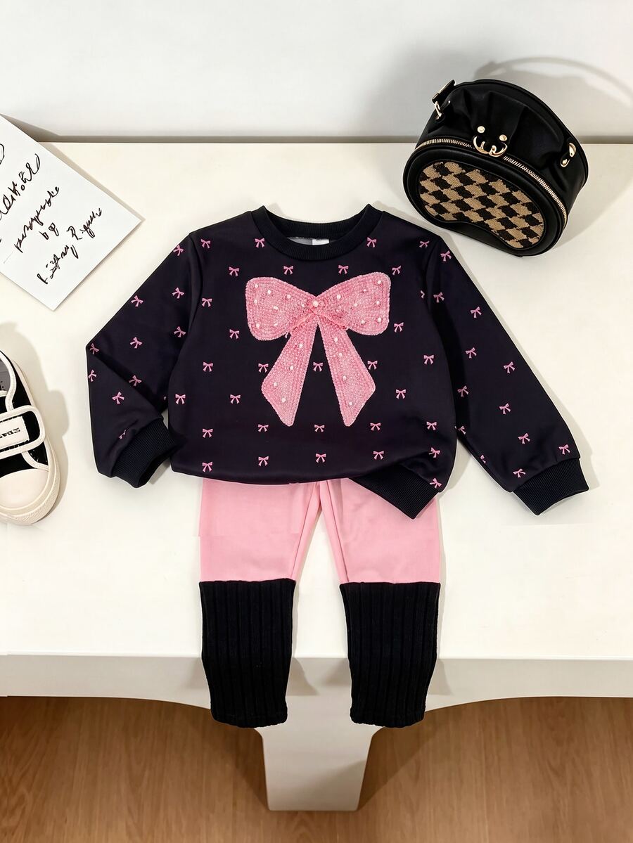 Girls' Minimalist Baby Fashion Brown Heart Pattern Long Sleeve Top And Pants Sweatshirt Set Birthday Kindergarten Fall - Multicolor - View 1