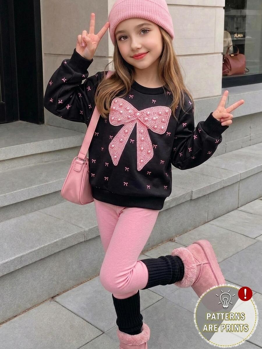 女童極簡風嬰兒時尚棕色愛心圖案長袖上衣與長褲套裝運動衫套組 生日 幼兒園 秋季 - 彩色 - 查看 1
