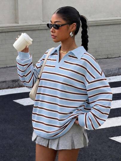 Muchica Women's Striped Casual Versatile Everyday Long Sleeve Sweatshirt