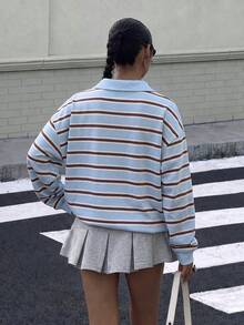 Muchica Sweatshirt Lengan Panjang Wanita Bergaris Kasual Serbaguna untuk Sehari-hari - Biru - View 2