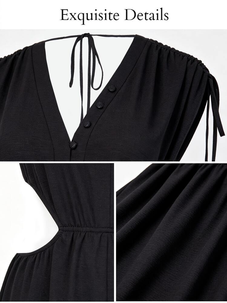 SHEIN LUNE Plus-Size Elegant Sexy Dress, Stretch Waist With Side Cutouts And V-Neck, Perfect For Going Out Party Cocktail Black Summer - Black - View 6