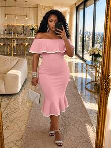 Poshavie Poshavie Women's Elegant Business Casual Party Cocktail Evening Daily Wedding Date Oblique Off Shoulder Strapless Mermaid Ruffle Hem Fitted High Waist Dress - Pink - View 1