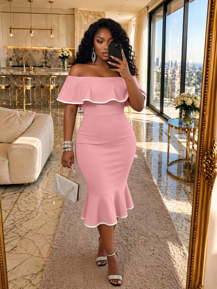 Poshavie Poshavie Women's Elegant Business Casual Party Cocktail Evening Daily Wedding Date Oblique Off Shoulder Strapless Mermaid Ruffle Hem Fitted High Waist Dress - Pink - View 1