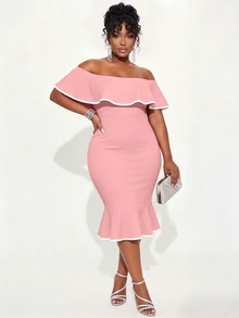 Poshavie Poshavie Women's Elegant Business Casual Party Cocktail Evening Daily Wedding Date Oblique Off Shoulder Strapless Mermaid Ruffle Hem Fitted High Waist Dress - Pink - View 3