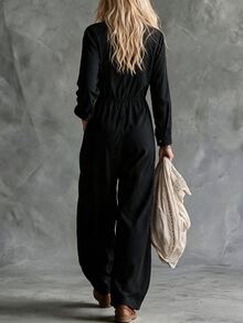 SHEIN Autumn/Winter Stand Collar Open Front Elastic Waist Casual Jumpsuit, Elegant Outdoor Jumpsuit - Black - View 3