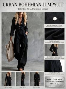 SHEIN Autumn/Winter Stand Collar Open Front Elastic Waist Casual Jumpsuit, Elegant Outdoor Jumpsuit - Black - View 9