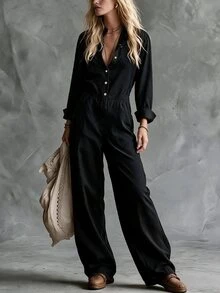 SHEIN Autumn/Winter Stand Collar Open Front Elastic Waist Casual Jumpsuit, Elegant Outdoor Jumpsuit - Black - View 5