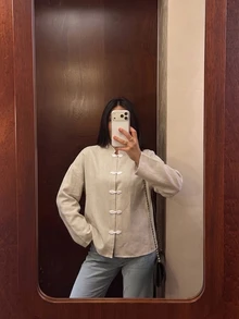 Lacomfia Plus Size Loose Fit Two-Tone Plain Fabric Shirt With Front Button Design, Casual, Suitable For Spring And Autumn Daily Wear - Apricot - View 8