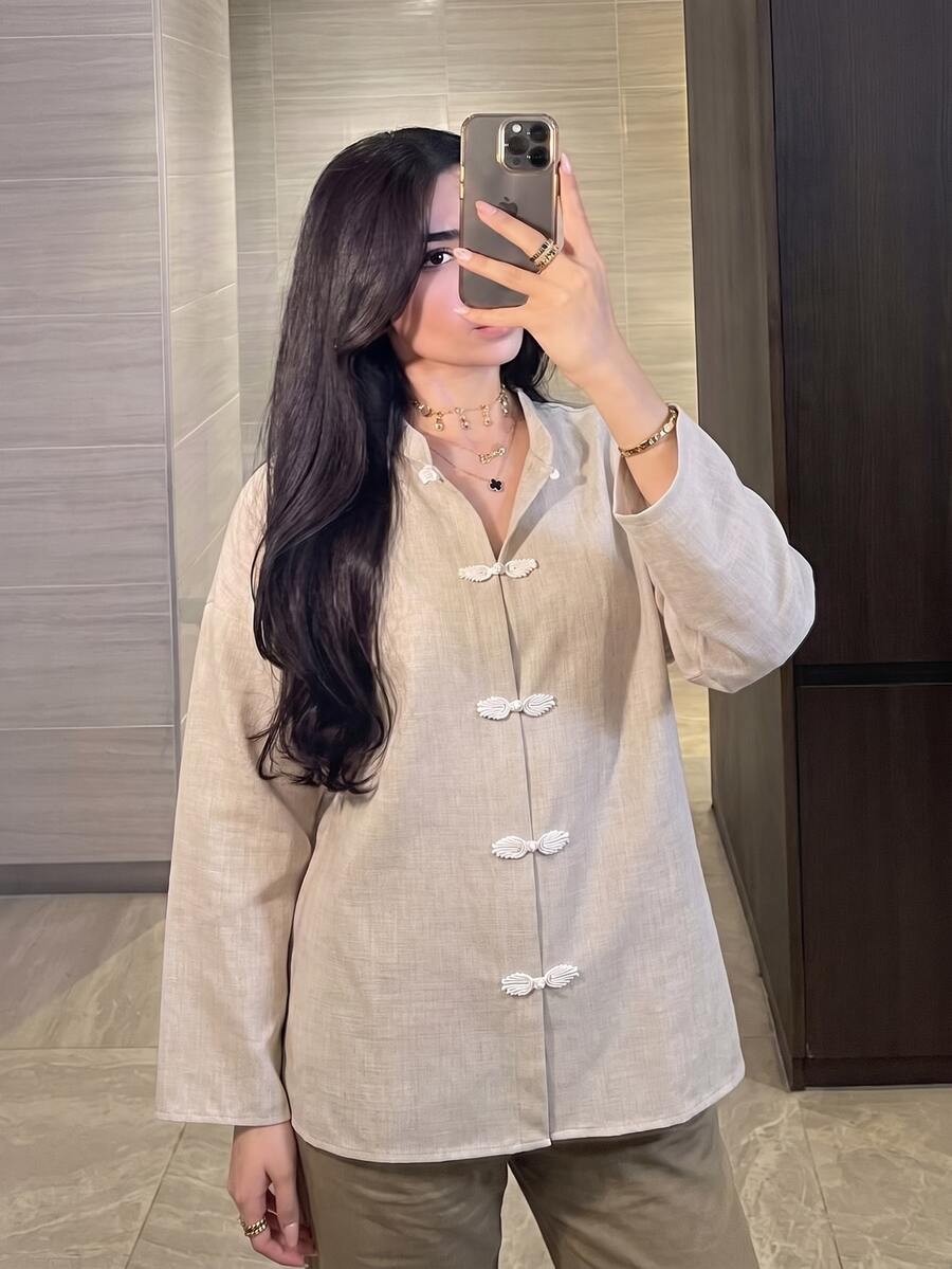Lacomfia Plus Size Loose Fit Two-Tone Plain Fabric Shirt With Front Button Design, Casual, Suitable For Spring And Autumn Daily Wear - Apricot - View 1