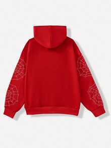 SHEIN EZwear 女款休閒寬鬆連帽衛衣，蜘蛛印花，秋冬服飾，女款秋季服飾，冬季服飾，2026秋冬，休閒，Y2K，女款通勤穿搭，基礎款，牛仔女郎，復古，返校，外出，學校，萬聖節裝扮 - 彩色 - 查看 7