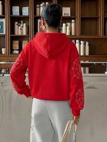 SHEIN EZwear 女款休閒寬鬆連帽衛衣，蜘蛛印花，秋冬服飾，女款秋季服飾，冬季服飾，2026秋冬，休閒，Y2K，女款通勤穿搭，基礎款，牛仔女郎，復古，返校，外出，學校，萬聖節裝扮 - 彩色 - 查看 3