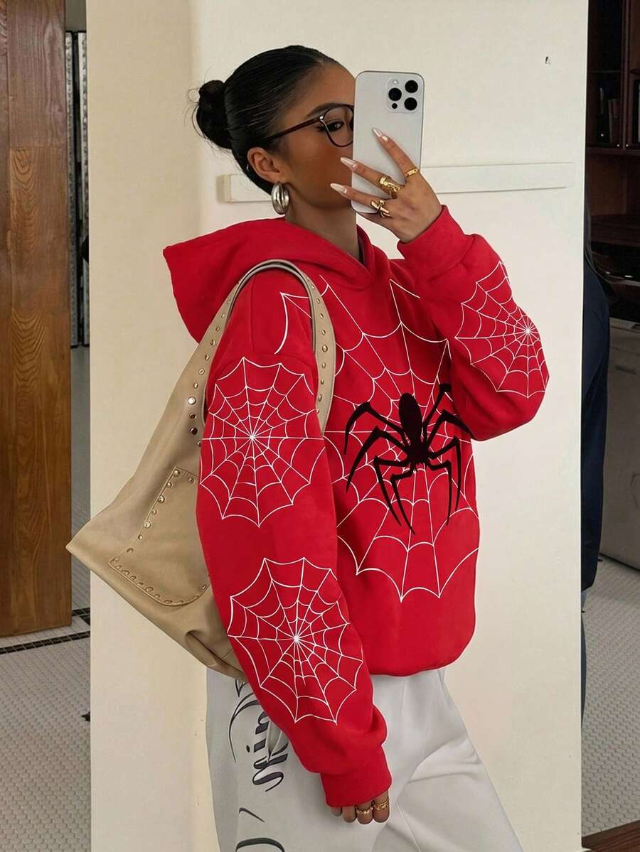 SHEIN EZwear 女款休閒寬鬆連帽衛衣，蜘蛛印花，秋冬服飾，女款秋季服飾，冬季服飾，2026秋冬，休閒，Y2K，女款通勤穿搭，基礎款，牛仔女郎，復古，返校，外出，學校，萬聖節裝扮 - 彩色 - 查看 1