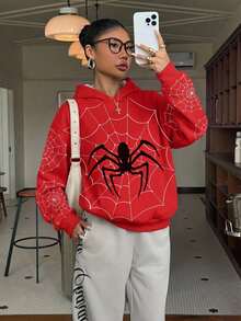 SHEIN EZwear 女款休閒寬鬆連帽衛衣，蜘蛛印花，秋冬服飾，女款秋季服飾，冬季服飾，2026秋冬，休閒，Y2K，女款通勤穿搭，基礎款，牛仔女郎，復古，返校，外出，學校，萬聖節裝扮 - 彩色 - 查看 4