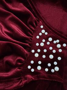 Balvessa Solid Color Velvet Cross Neck Waist Cinched Pleated Pearl Decor Elegant Party Women's Midi Dress - Burgundy - View 6