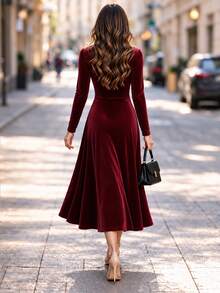 Balvessa Solid Color Velvet Cross Neck Waist Cinched Pleated Pearl Decor Elegant Party Women's Midi Dress - Burgundy - View 2