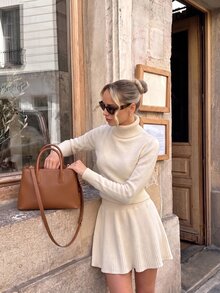 Struktiv Autumn/Winter French Girl Style High Neck Knit Sweater And A-Line Pleated Skirt 2 Pieces Set, Ribbed Waist, Minimalist Daily Commute Date Layering Versatile Minimalist Sexy Style Women's Sweater Set - Beige - View 8