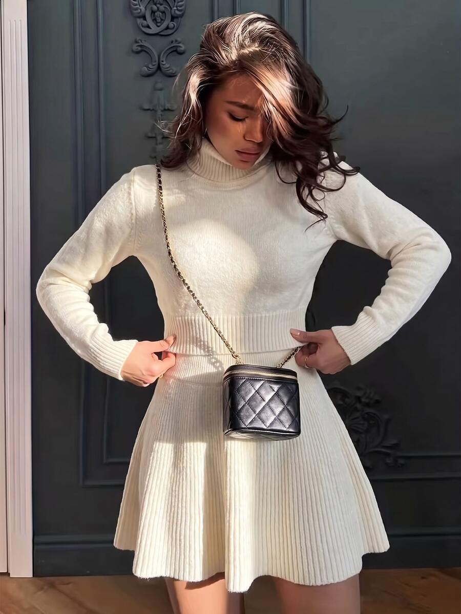 Struktiv Autumn/Winter French Girl Style High Neck Knit Sweater And A-Line Pleated Skirt 2 Pieces Set, Ribbed Waist, Minimalist Daily Commute Date Layering Versatile Minimalist Sexy Style Women's Sweater Set