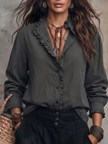 Breezaya Women's Early Autumn Slouchy Frill Trim Plaid Long Sleeve Shirt - Dark Grey - View 4