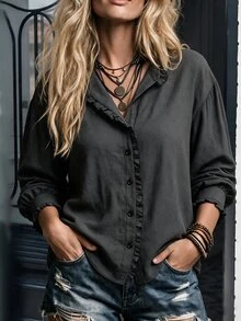 Breezaya Women's Early Autumn Slouchy Frill Trim Plaid Long Sleeve Shirt - Dark Grey - View 5