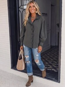 Breezaya Women's Early Autumn Slouchy Frill Trim Plaid Long Sleeve Shirt - Dark Grey - View 2
