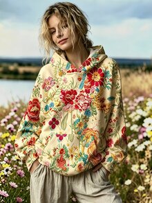 SHEIN LUNE CURVE 休閒仿真刺繡田園花卉圖案印花連帽口袋運動衫，大尺碼女款休閒秋冬長袖運動服，適合秋冬日常穿著 - 彩色 - 查看 3