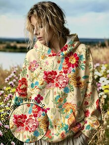 SHEIN LUNE CURVE 休閒仿真刺繡田園花卉圖案印花連帽口袋運動衫，大尺碼女款休閒秋冬長袖運動服，適合秋冬日常穿著 - 彩色 - 查看 1