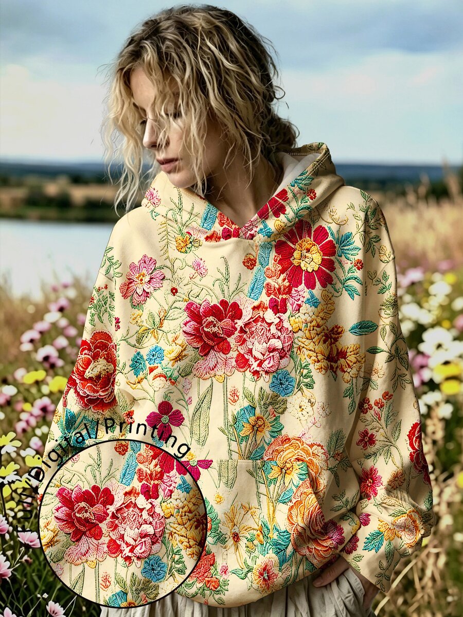 SHEIN LUNE CURVE 休閒仿真刺繡田園花卉圖案印花連帽口袋運動衫,大尺碼女款休閒秋冬長袖運動服,適合秋冬日常穿著 - 彩色 - 查看 1