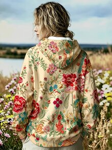SHEIN LUNE CURVE 休閒仿真刺繡田園花卉圖案印花連帽口袋運動衫，大尺碼女款休閒秋冬長袖運動服，適合秋冬日常穿著 - 彩色 - 查看 2