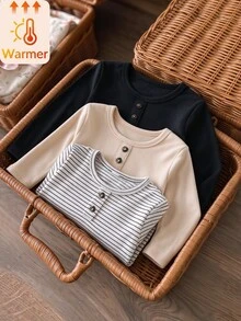 SHEIN 3pcs/Set Young Boys Striped T-Shirt, Black, Striped, Soft And Comfortable Apricot, Spring Clothing Fall Clothes Winter Clothing - Multicolor - View 6