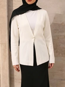 Graceveil Women's Off-White Minimalist Elegant Button-Front Long Sleeve Cardigan, Autumn/Winter Office Tea Party - White - View 2