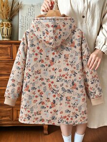 SHEIN 女童連帽厚抓絨復古可愛日系花卉中長版秋冬外套，適合職業體驗日與健身，米色 - 卡其色 - 查看 2