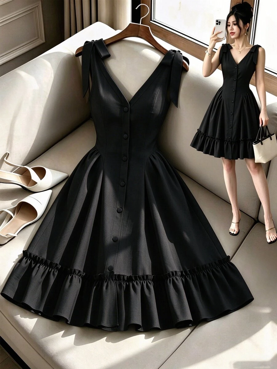 GlowEve 女款牛仔效果V領荷葉邊下擺前開襟洋裝 - 黑色 - 查看 1