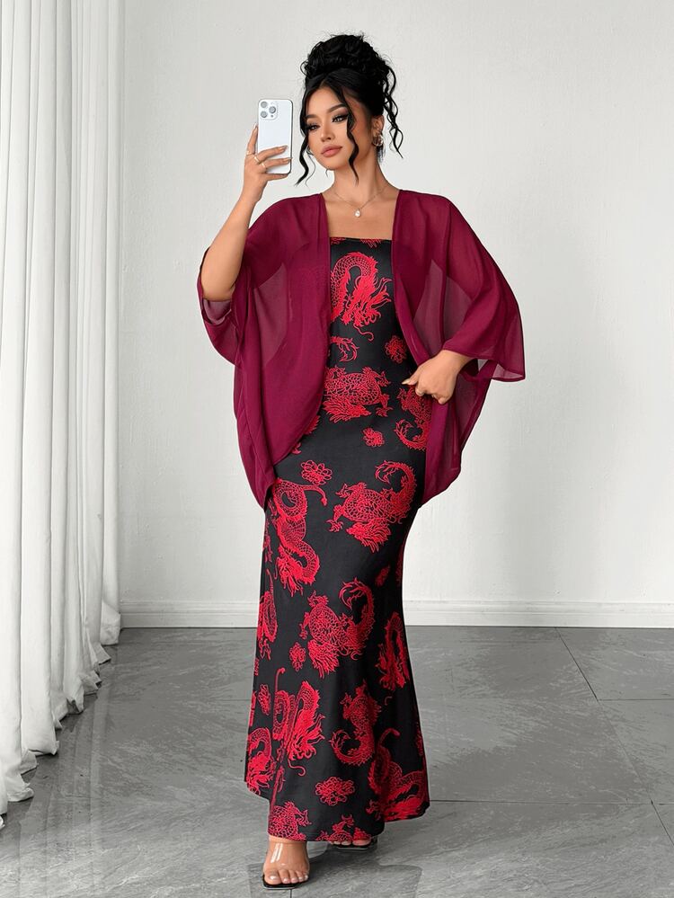 Elenzga Plus Size Women's All-Over Print Dress And Cardigan Fashion Set Fall Going Out Party Burgundy Black Elegant Sexy - Multicolor - View 6