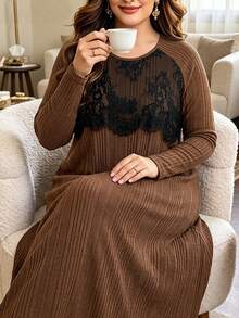 Lacomfia Women's Plus Size Lace Patchwork Casual Party Dress - Brown - View 5