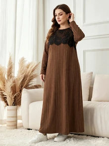 Lacomfia Women's Plus Size Lace Patchwork Casual Party Dress - Brown - View 6