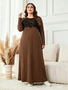 Lacomfia Women's Plus Size Lace Patchwork Casual Party Dress - Brown - View 7