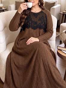 Lacomfia Women's Plus Size Lace Patchwork Casual Party Dress - Brown - View 9