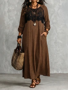 Lacomfia Women's Plus Size Lace Patchwork Casual Party Dress - Brown - View 10