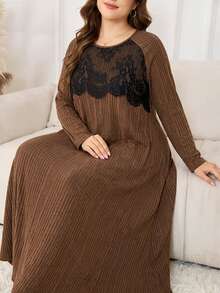 Lacomfia Women's Plus Size Lace Patchwork Casual Party Dress - Brown - View 3