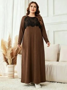 Lacomfia Women's Plus Size Lace Patchwork Casual Party Dress - Brown - View 8