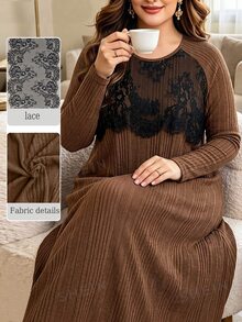 Lacomfia Women's Plus Size Lace Patchwork Casual Party Dress - Brown - View 1