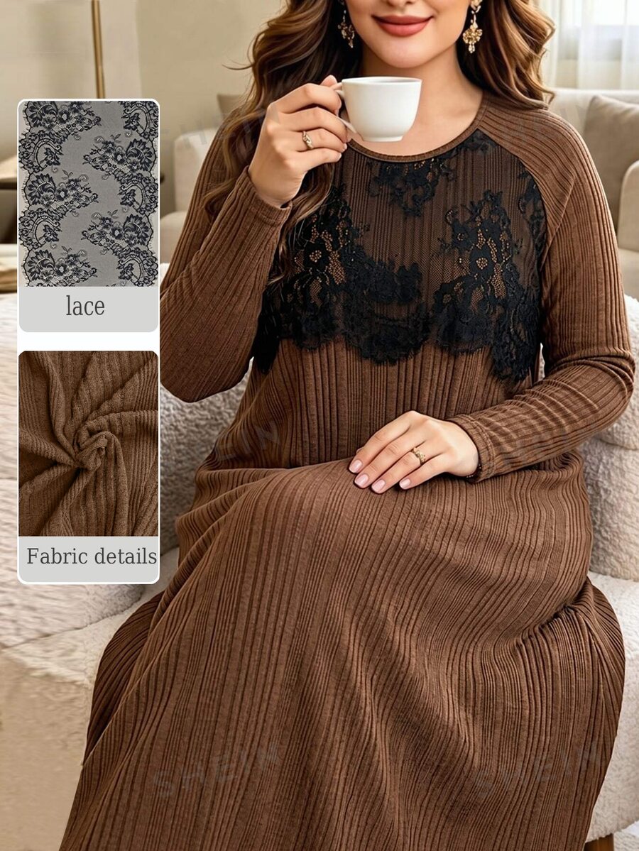 Lacomfia Women's Plus Size Lace Patchwork Casual Party Dress - Brown - View 1