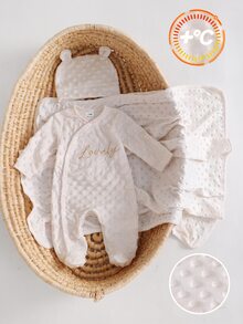 新生兒白色舒適保暖波點提花絨毛可愛標語刺繡圖案連身衣帽子毯子套裝 秋冬款 - 白色 - 查看 7