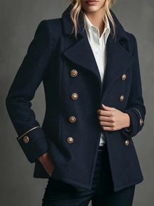 SHEIN Holidaya Women's Navy Blue Double-Breasted Knit Dragon & Phoenix Wool Coat, French Style Commuter Lapel Slimming Jacket - Navy Blue - View 4