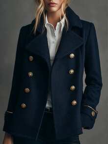 SHEIN Holidaya Women's Navy Blue Double-Breasted Knit Dragon & Phoenix Wool Coat, French Style Commuter Lapel Slimming Jacket - Navy Blue - View 1