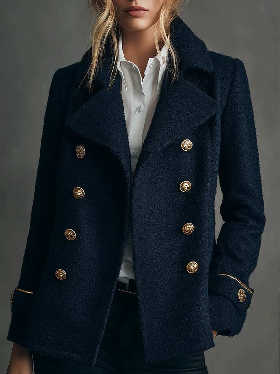 SHEIN Holidaya Women's Navy Blue Double-Breasted Knit Dragon & Phoenix Wool Coat, French Style Commuter Lapel Slimming Jacket - Navy Blue - View 1