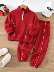 SHEIN 2件組兒童青少年男孩立領運動衫與運動長褲休閒百搭兩件套，適合秋冬休閒運動、外出與學校場合運動服 - 紅色 - 查看 2