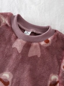 女童蝴蝶結印花長袖上衣與長褲刷毛居家服套裝 冬季 - 藕粉色 - 查看 4