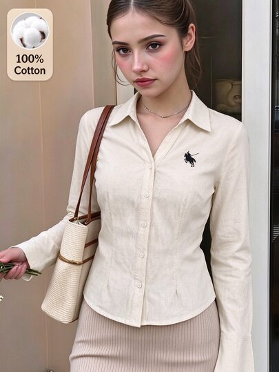 SHEIN Sparklyn Camisa de manga larga con cuello color albaricoque para adolescentes, 100% algodón, estilo preppy casual con bordado de caballero para salidas diarias y vida escolar (primavera/otoño)